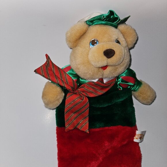 VTG 1993 Christmas Stocking Plush Brown Teddy Bear Red Green Merry Gifts Kmart - Picture 3 of 10
